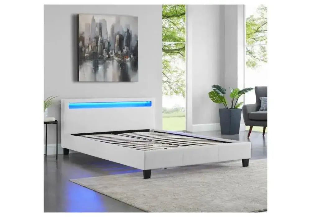 Lit-Led-Avec-Sommier-Blanc White LED Bed With Slatted Base - Image 1
