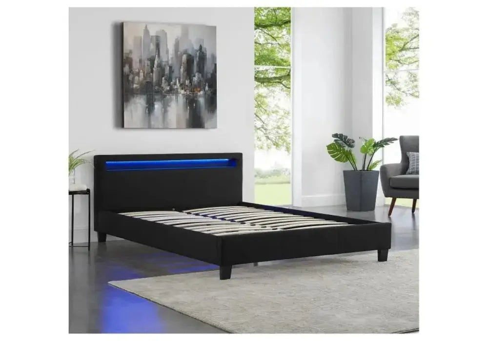 Noir-Lit-Avec-Led-Avec-Sommier Black LED Bed With Slatted Base - Image 1